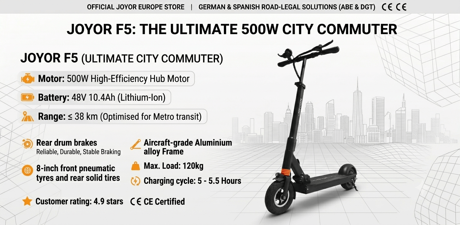 Official Joyor F5 electric scooter comparison guide and urban commuter banner featuring 500W motor, 48V 10.4Ah battery, and road-legal technical specifications.