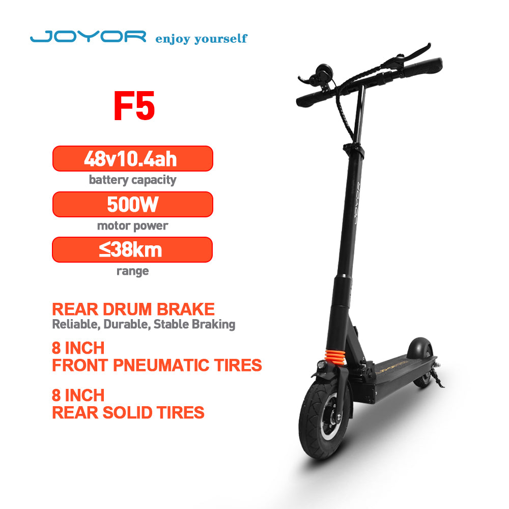 Electric scooter with specifications on a white background, featuring the brand 'JOYOR'.